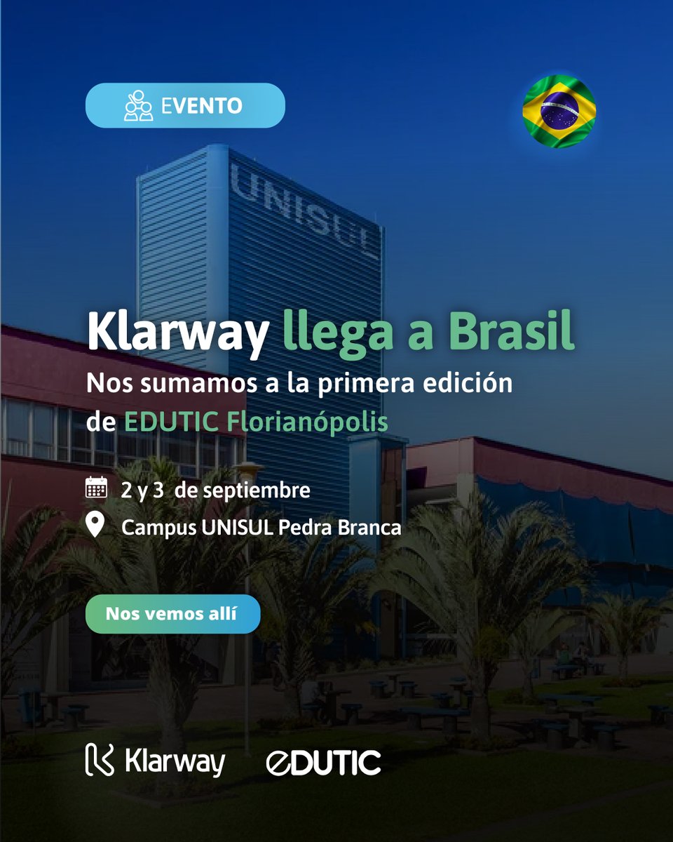Klarway1's tweet photo. 🇧🇷 Klarway llega a Brasil.
Nos sumamos a la primera edición de EDUTIC Florianópolis para compartir experiencias y conversar sobre el futuro de la educación superior.
Un nuevo país, una nueva comunidad.
Nos vemos allí.
#Klarway #EDUTIC #EdTech https://t.co/TfXEkTyVVR