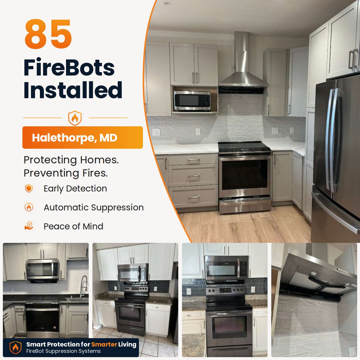getfirebot's tweet photo. 85 FireBots just went in at an apartment community in Halethorpe, Maryland. That is 85 kitchens now protected by automatic stovetop fire suppression, on watch around the clock.
 https://t.co/6J5KjMVul7 https://t.co/6n3AilChHE