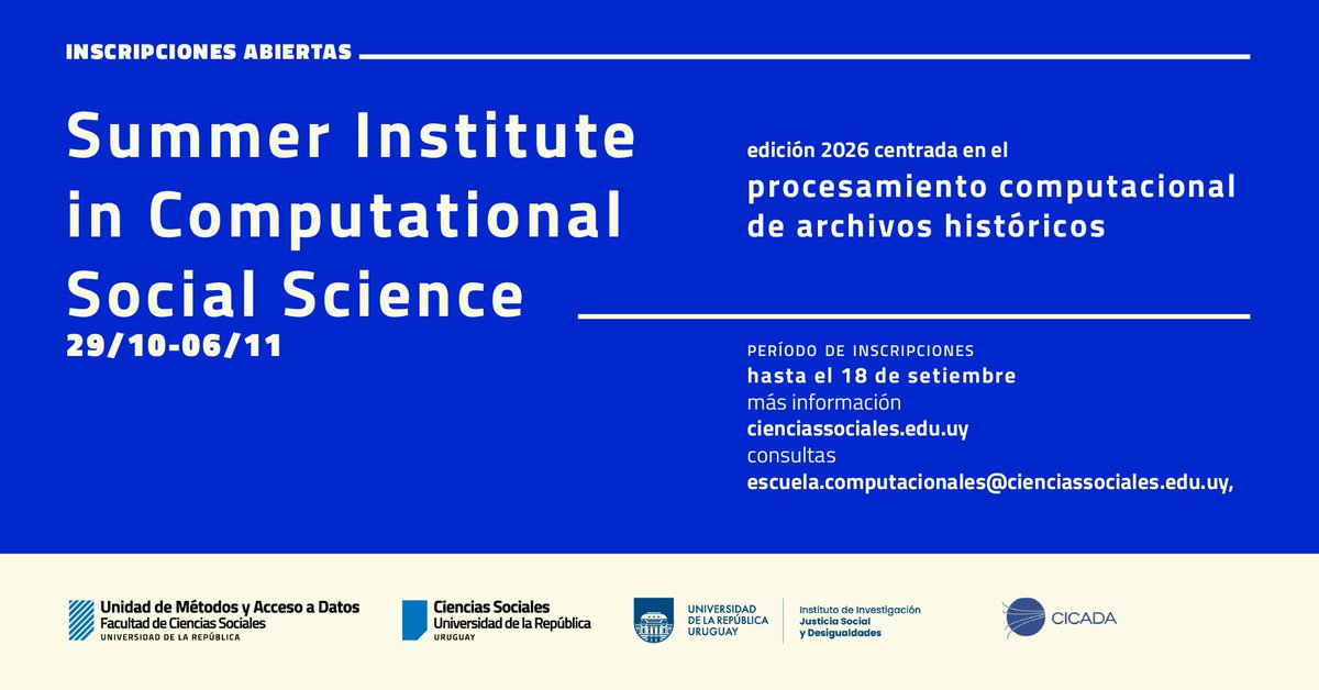 elinagomezb's tweet photo. 📢 Abrimos la convocatoria a SICSS-Uruguay 2026 sobre procesamiento computacional de archivos históricos

Un día de paneles (abierto) + una semana de talleres hands-on (15 participantes).Gratuito

📍FCS-Udelar, 29/10 al 6/11

📎 https://t.co/x7UrTvFkaS

✍🏽 https://t.co/PYyQvpAt9n https://t.co/3kwX5GnhCH