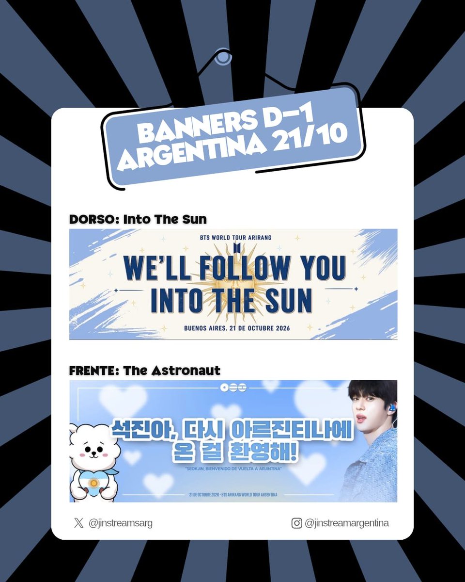 JinStreamsArg's tweet photo. ¡ARGMY! 

En este posteo les dejamos los diseños de banners correspondientes a cada fecha y sus instrucciones. Por favor, leer con atención ❗

De antemano queremos disculparnos por la demora de la presentación del diseño sorpresa, lamentablemente hay tiempos y detalles que escapan de nuestras manos. Agradecemos la paciencia y la espera de todos 💟

📅 El día domingo estaremos subiendo el drive con los PDF y las indicaciones para que quien quiera pueda imprimir sus banners!

En el anterior post hubo un error en las indicaciones . Sepan disculpar.