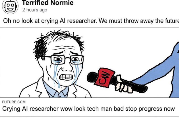 Duckythedev1's tweet photo. beffjezos just retweeted a genny ai narra

A handful of anxious SF AI-safety people go on TV looking terrified, warn that superintelligence will kill everyone, and the media + regulators treat that as a reason to slow or lock down American AI.

The punchline: China isn’t pausing. If the US kneecaps itself over metaphors and vibes, it hands the future to Beijing.

and there mocking Jacob Coxon

https://t.co/iTY9pa6CuI