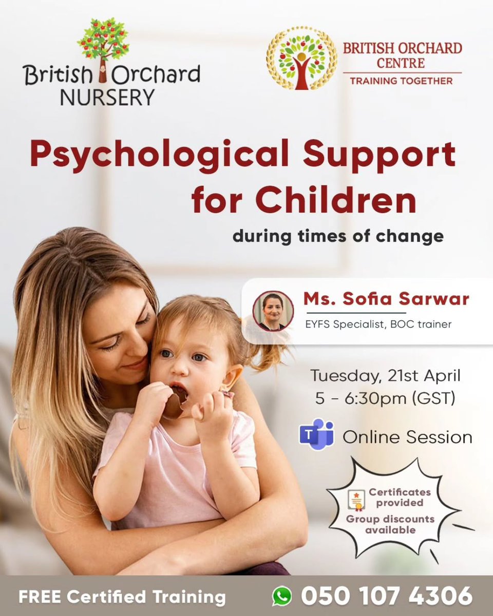 EleanorSchbk's tweet photo. Dear parents, join us today at 5 PM at British Orchard Centre with UK Certified Trainer and Assessor Ms. Sofia Sarwar. Learn to support children’s emotional well-being, build resilience, and create safe environments. Certificates provided. Call 050 https://t.co/MOSmCy04jX