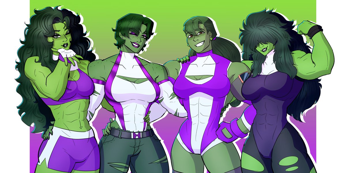 Rick_T19's tweet photo. Reworked that old She-Hulk squad sketch I did a few months ago, and added another!

From left to right, Designs belong to @M3Landon, Myself, @wukanimation and @TheIceVirus~ https://t.co/hlG9jEIcYx