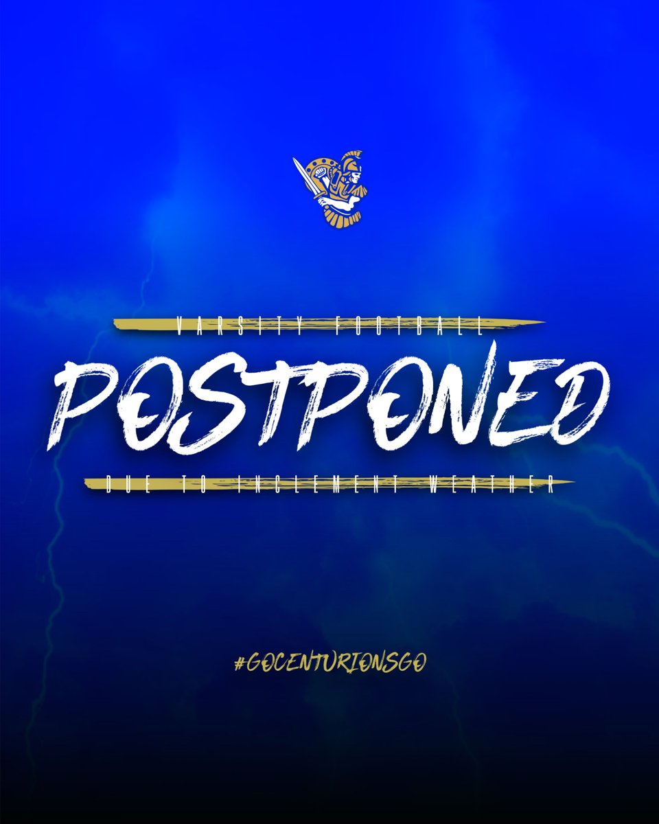 GOCENTURIONSGO's tweet photo. UPDATE

Due to weather, tonight's football game has been postponed to Monday, September 14 at 6pm at Emerald HS

#GoBroome
#GoCentirionsGo
#ConquerandPrevail https://t.co/m6YwBNFEKt
