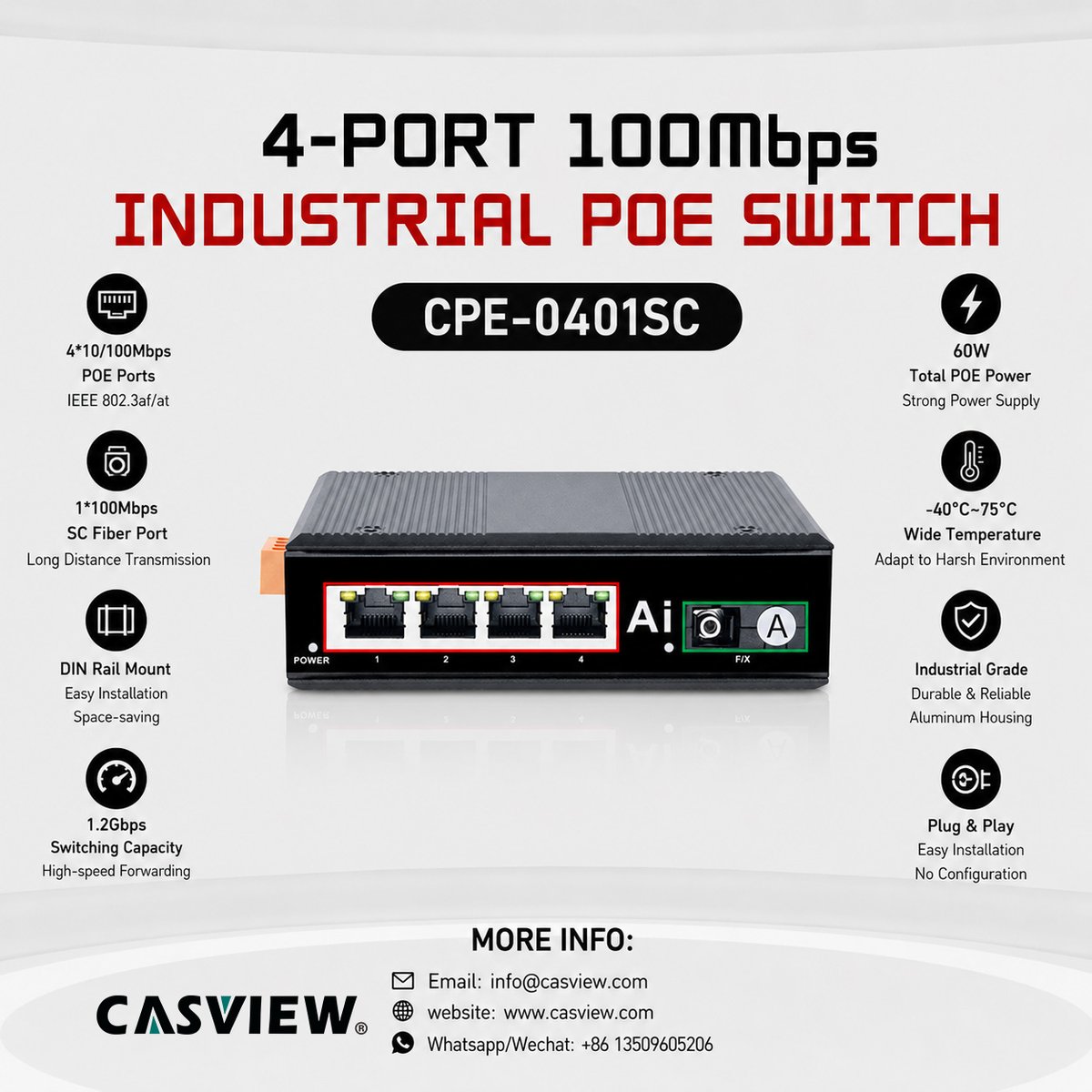 casview_cctv's tweet photo. Wholesale 4-Port Industrial POE Switch CPE-0401SC. 4 POE+SC fiber port,60W,-40~75℃,DIN rail mount for CCTV. https://t.co/4v0Zwbi9g1 | info@casview.com | WhatsApp:008613509605206 #POESwitch #IndustrialSwitch #CCTV #IPCamera #Surveillance #Network #SecuritySystem #FiberNetwork https://t.co/neyj3SUa4t