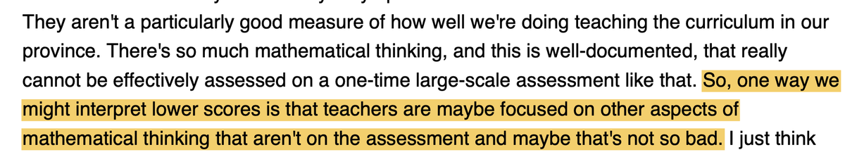 rastokke's tweet photo. 🤯 Some of the arguments to explain away declining math results are nuts.  Like this one: 
"one way we might interpret lower scores is that teachers are maybe focused on other aspects of mathematical thinking that aren't on the assessment and maybe that's not so bad."  

So low scores are good?  Very convenient argument.  And unfalisifiable.  

It's also damaging, because if we don't take declining achievement seriously, kids won't get better.  

The quote below is from a Manitoba Education Professor in CBC's recent audio documentary on math.  I'm glad the public is getting to see some of the thinking that influences math education in Canada.  

☀️As they say, sunlight is the best disinfectant.