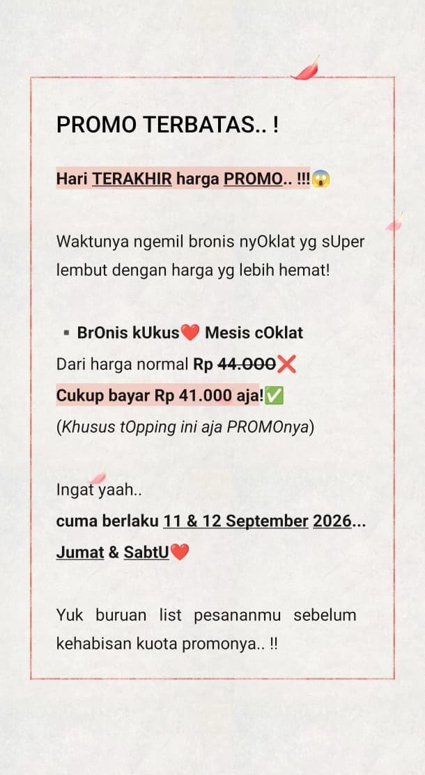 pujek_clp's tweet photo. Promo bronis kukus topping MESIS 
Normal price 44k
Promo price 41k 
 Buruan stok terbatas!! https://t.co/x54Aro1686