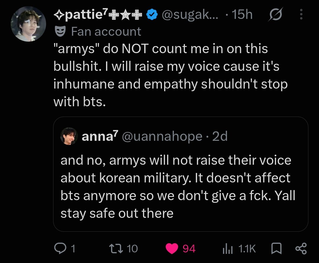 syhann_han's tweet photo. an army speaking up about this and these are the responses? damn bro..some yall really are evil asf https://t.co/iXavzCVAGU