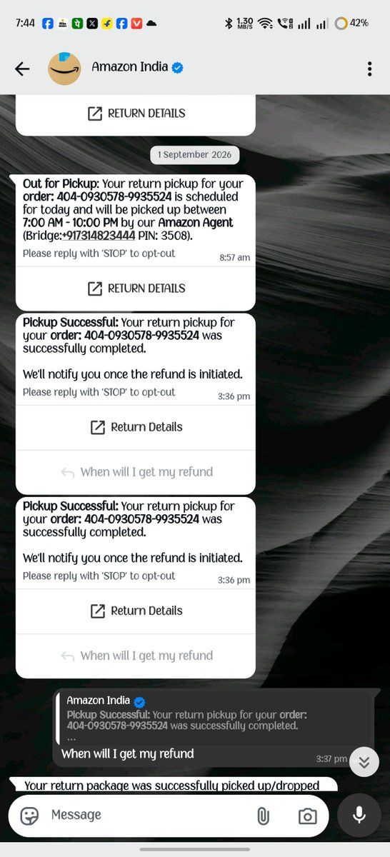 vishalsahu74151's tweet photo. @AmazonHelp My return for Order ID: 404-0930578-9935524 was picked up successfully on 1 September 2026, but my refund has still not been initiated. It's been more than 10 days. This delay is unacceptable. Please process my refund immediately.

#AmazonIndia #RefundDelay https://t.co/zsuWwoEg5v