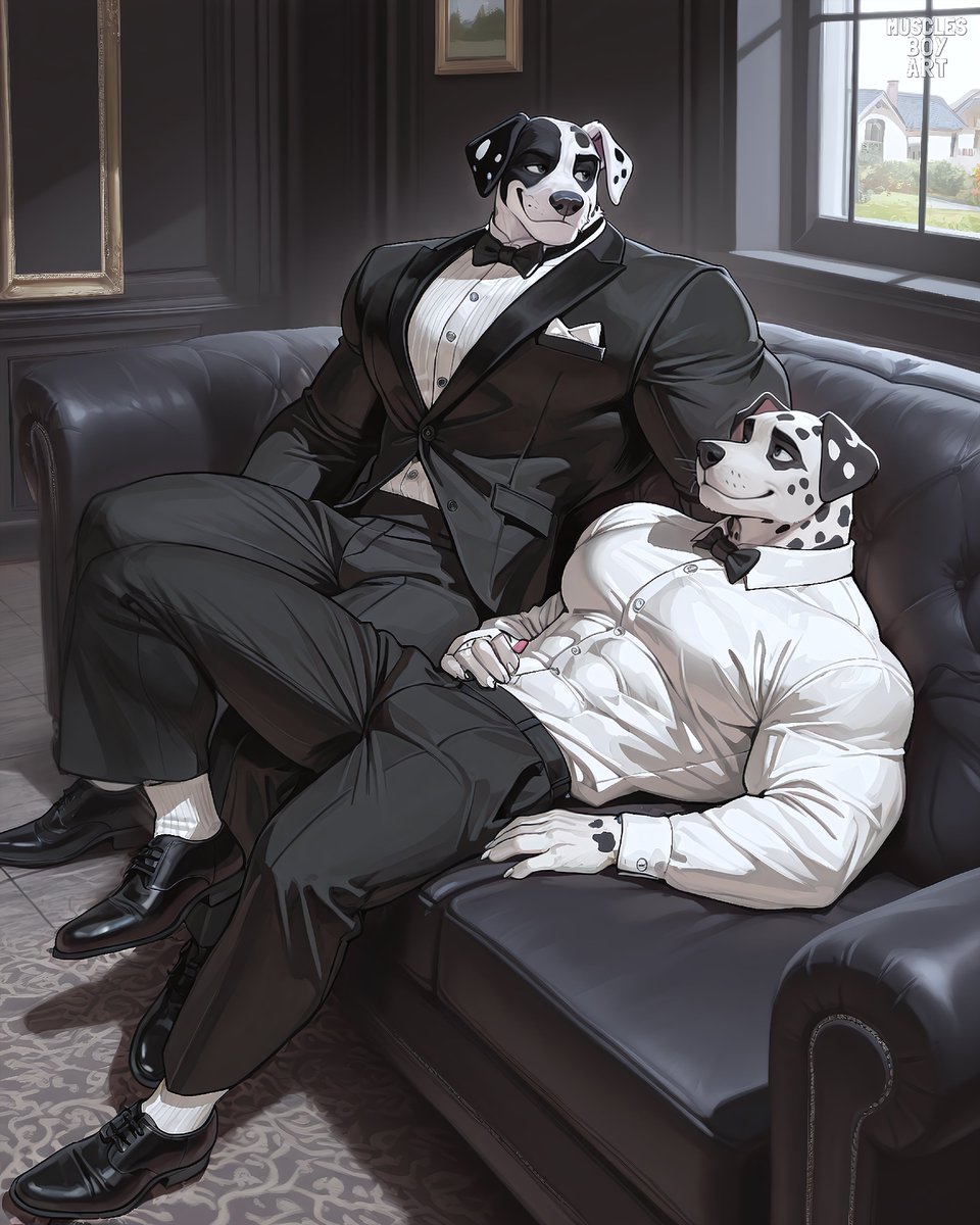 musclesboyart's tweet photo. A tailored coat of velvet drapes his towering frame,
A gentleman of power with a spotted name.
His chest is carved like marble, shoulders broad and grand,
The most majestic fashion icon in the land.

With sculpted limbs of iron and an elegant stride,
He walks the city avenues with masculine pride.
A very chic #dalmatian rules the runway night,
A muscular colossus wrapped in black and white.

Does he dream of dapper suits or a lady's silk attire?

Full set on P.

#Bara #MuscleArt #AIArt #Furry #BL #dog