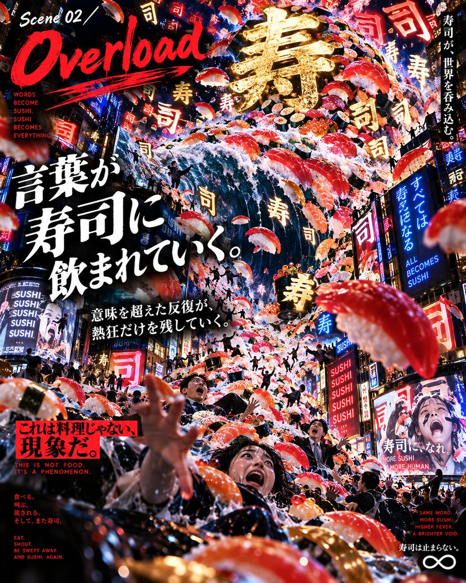 IQ_TEST2025's tweet photo. ウルトラ寿司ふぁいやー「寿寿寿寿司司司司」

ウルトラ寿司ふぁいやー
「寿寿寿寿司司司司」を、AIに別表現へ翻訳させてみた。
考えてみると、この曲の「寿司」って、
もう食べ物の説明じゃない。

繰り返されるうちに、
言葉 → リズム → 圧 → 祝祭 → 現象

みたいに変わっていく。

ふざけている。
でも、熱量だけはずっと本気。

なのでAIに見せたら、
だいたい世界が寿司に飲み込まれました。

#ウルトラ寿司ふぁいやー #寿寿寿寿司司司司 #AIアート #音楽 #寿司
