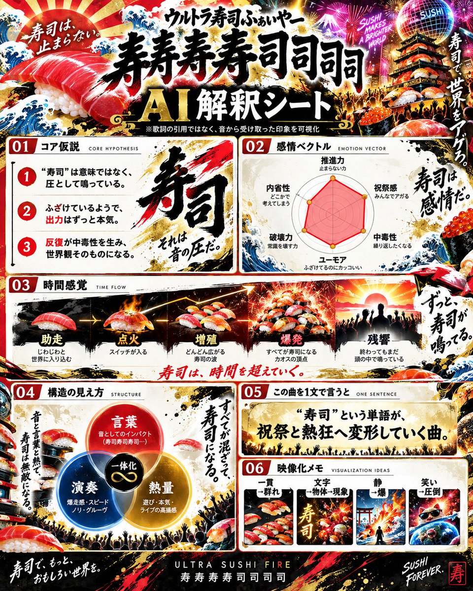 IQ_TEST2025's tweet photo. ウルトラ寿司ふぁいやー「寿寿寿寿司司司司」

ウルトラ寿司ふぁいやー
「寿寿寿寿司司司司」を、AIに別表現へ翻訳させてみた。
考えてみると、この曲の「寿司」って、
もう食べ物の説明じゃない。

繰り返されるうちに、
言葉 → リズム → 圧 → 祝祭 → 現象

みたいに変わっていく。

ふざけている。
でも、熱量だけはずっと本気。

なのでAIに見せたら、
だいたい世界が寿司に飲み込まれました。

#ウルトラ寿司ふぁいやー #寿寿寿寿司司司司 #AIアート #音楽 #寿司
