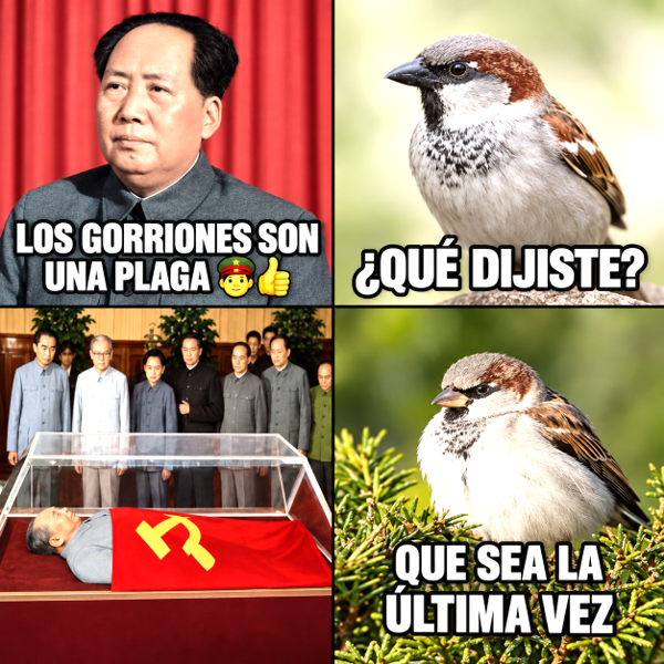 CubaOrtografia's tweet photo. Durante el Gran Salto Adelante, Mao Zedong impulsó en 1958 la campaña de las Cuatro Plagas, dirigida contra ratas, moscas, mosquitos y gorriones. A estos últimos se les acusó de comerse el grano, por lo que millones de personas fueron movilizadas para destruir nidos, romper huevos y espantar a las aves hasta agotarlas.

La matanza redujo drásticamente la población de gorriones, pero produjo un efecto inesperado: también desapareció uno de los depredadores naturales de insectos que atacaban los cultivos. Las plagas agrícolas se multiplicaron y agravaron una situación ya desastrosa por las malas políticas económicas, las requisas y las cosechas deficientes.

Poco después, el gobierno retiró al gorrión de la campaña y trató de corregir el daño, incluso importando aves desde la Unión Soviética. El episodio quedó como uno de los ejemplos más conocidos de cómo una intervención política masiva sobre el medio ambiente puede desencadenar consecuencias opuestas a las buscadas.

Subnormales.