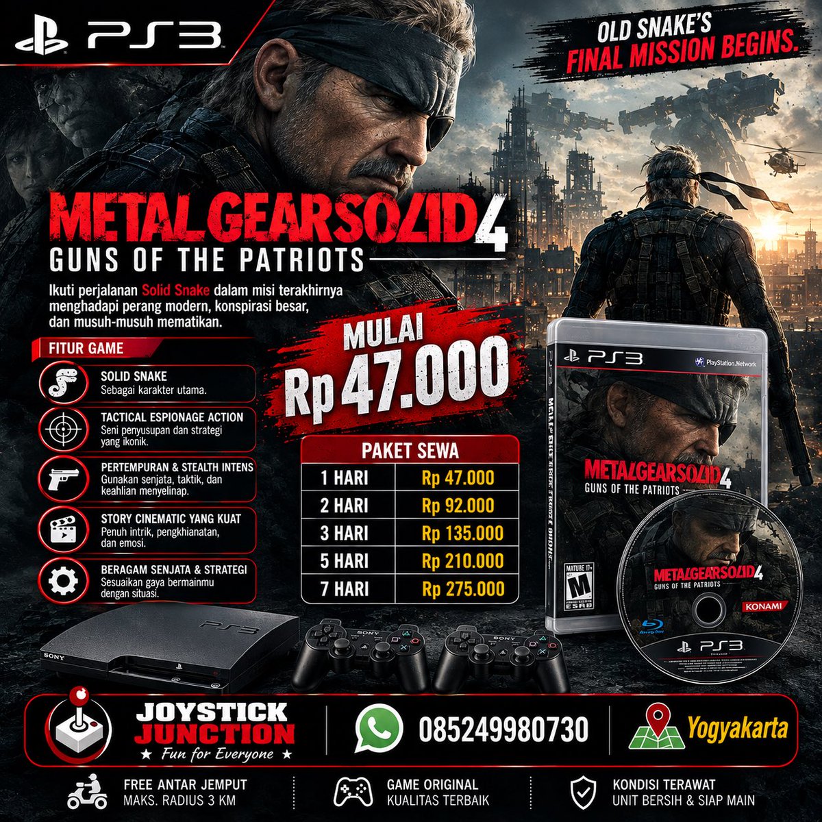 JJyogya's tweet photo. 🐍🔥 OLD SNAKE KEMBALI KE MEDAN PERANG!

Rasakan aksi stealth legendaris Metal Gear Solid 4: Guns of the Patriots di PS3 🎮💥

🔥 Sewa PS3 sekarang di Joystick Junction

JOYSTICK JUNCTION — Fun for Everyone
📱 WA: 085249980730

#sewaps #joystickjunction #jogja https://t.co/BS9z6TqINr