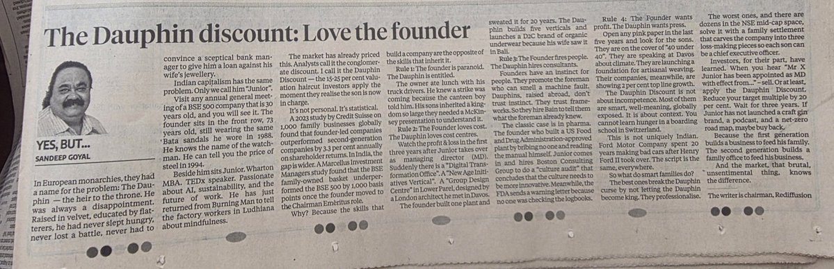 shyamsek's tweet photo. The First Generation builds a business to feed his family.  The Second Generation builds a family office to feed his business. - Sandeep Goyal. @_SandeepGoyal_ 's column is absolutely brilliant. @bsindia https://t.co/i1SUNhtiW2