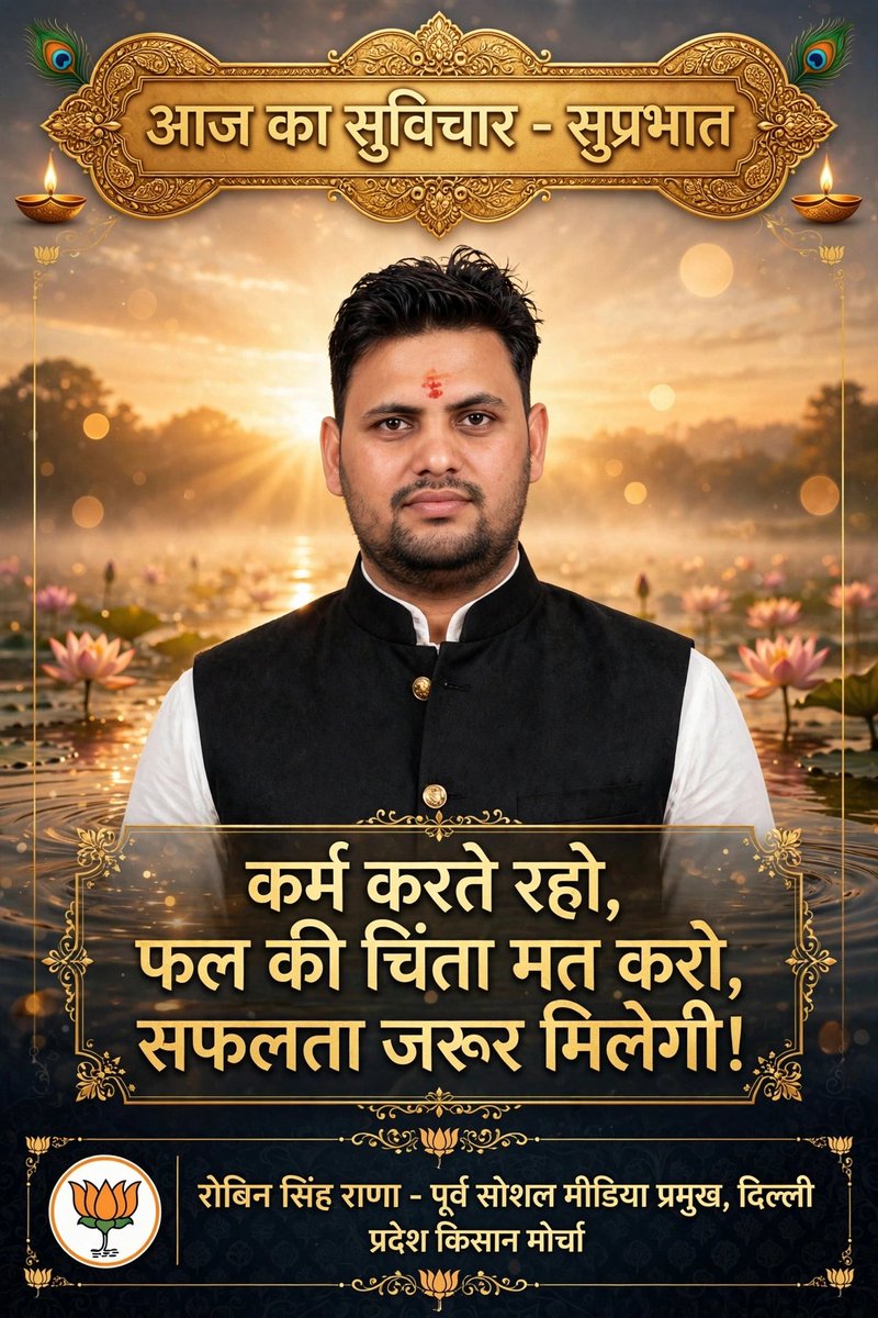 RobinRana4bjp's tweet photo. *आज का सुविचार - सुप्रभात*
*कर्म करते रहो,*
*फल की चिंता मत करो,*
*सफलता जरूर मिलेगी!*
@bjpkm4kisan https://t.co/q6mHtBTsbT