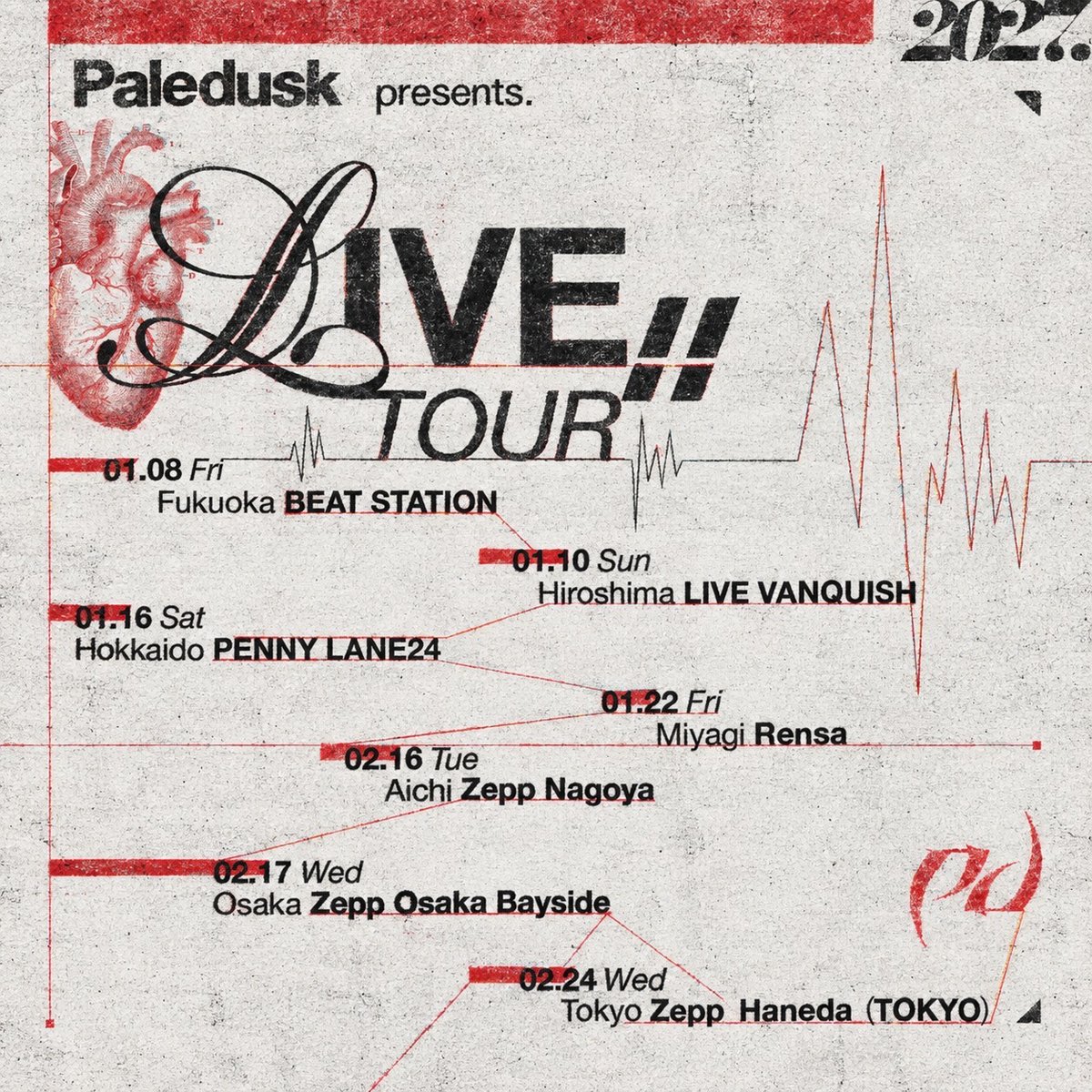 Paledusk_jpn's tweet photo. 🔥大切なお知らせ🔥

Paledusk "LIVE!!" TOUR

EP『LIVE!!』を引っ提げ、2027年1月8日の福岡公演を皮切りに全国7都市を巡るワンマンツアーの開催決定！

PALE GARDEN(FC)先行も受付中！

また、2026年10月7日にリリースを予定していたEP『LIVE!!』は、2027年1月6日に発売日を延期することが決定。

🎫TICKETS
https://t.co/XWZ1rZkMlc
