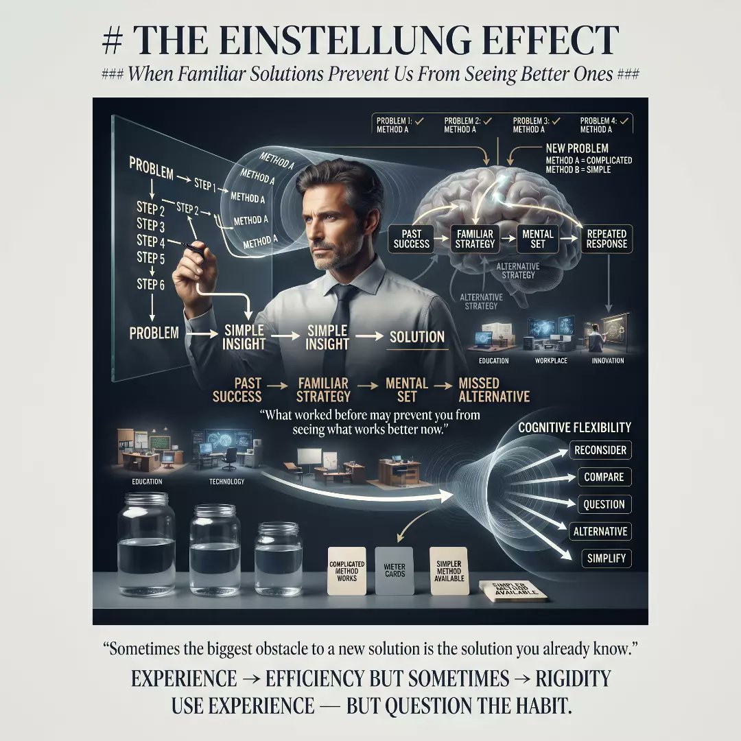 KeelyRiegle's tweet photo. Sometimes the solution you already know can keep you from seeing a better one. The Einstellung effect shows how mental sets can limit problem-solving. https://t.co/zTTJznKuj0