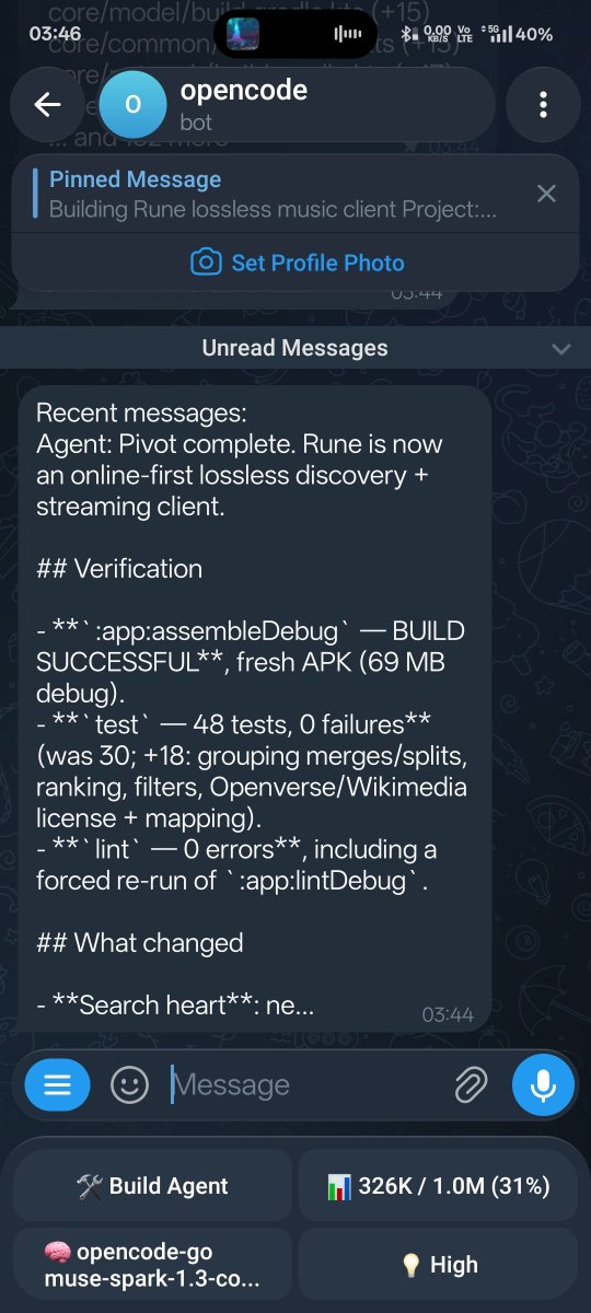 BijlaniYash's tweet photo. set up a telegram bot for opencode so i can build stuff from anywhere by just sending messages from my phone. @opencode @telegram https://t.co/BLFnkBIyf3