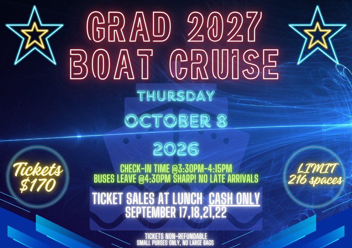 Tamanawis's tweet photo. Attention Grads! Get ready for the Boat Cruise ticket sales next Thurs/Fri &amp; the following Mon/Tues. Spaces are limited so don't miss out!!! https://t.co/8gebNxb5Ox