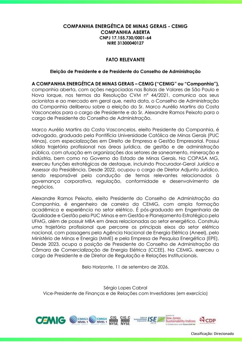 RiscoRetorno's tweet photo. #CMIG3 #CMIG4: Cemig elege Marco Aurélio Martins da Costa Vasconcelos como presidente da companhia e Alexandre Ramos Peixoto como presidente do Conselho de Administração. https://t.co/aXxkABN8H0
