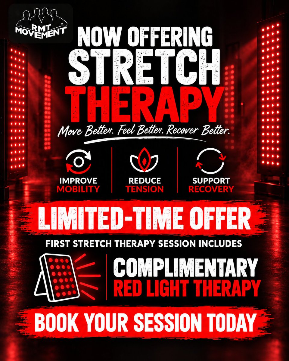 rmt_movement's tweet photo. Make room for better movement. 🙌 Stretch Therapy is now at RMT Movement!

For a limited time, your first stretch session includes complimentary Red Light Therapy. 🔴

Meet our coaches in the photos, then book through the link in our bio!

#StretchTherapy https://t.co/bbksSVosdc