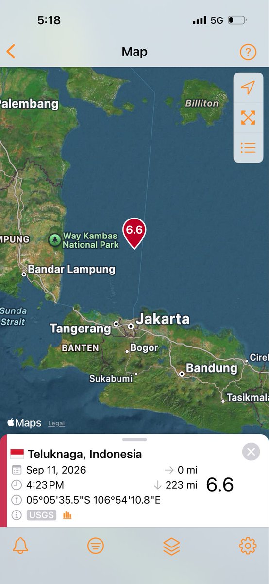 SeismoTracker's tweet photo. #Earthquake Breaking News 

A magnitude 6.6  earthquake has struck 115 Km / 71.4 Mi NNE of Teluknaga, #Indonesia

Magnitude: 6.6 
Epicenter Location: 5.093°S 106.903°E
Time: 2026-09-11 21:23:55 UTC
Depth: 358.6 Km ( 222.8 Mi) 
Intensity: IV 
Estimated Fatalities: Green 94% 
Estimated Economic Losses: Green 94%