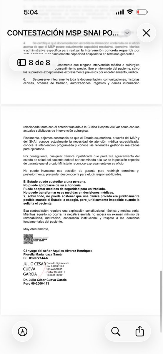 Danielsalcan_'s tweet photo. ¡Qué demoledora la carta que la defensa del alcalde de Guayaquil acaba de hacer pública en respuesta al Estado y su intención de condicionar que el alcalde de Guayaquil sea operado, pero solo en un hospital público de los que el Gobierno tiene en ruinas. El mismo Estado la primera vez que intentó operarlo sin exámenes ni preparación previa, llevó al alcalde a un centro privado, aceptando que la operación necesita condiciones que el sistema público no puede otorgar en las condiciones actuales en que el Gobierno tiene a los hospitales públicos. Antes de ser apresado, el alcalde estaba siendo tratado por una institución privada y con médicos que llevaban la situación del alcalde desde mucho antes.

El Estado está convirtiendo en venganza política algo que tiene que ver solo con la salud de un ser humano. Si algo pasa, poniendo en peligro la vida de Aquiles Álvarez, será toda y exclusiva responsabilidad de Daniel Noboa y sus ministros. El poder no les durará para siempre y toda la maldad con la que actúan, en algún momento se les regresará, señores.
