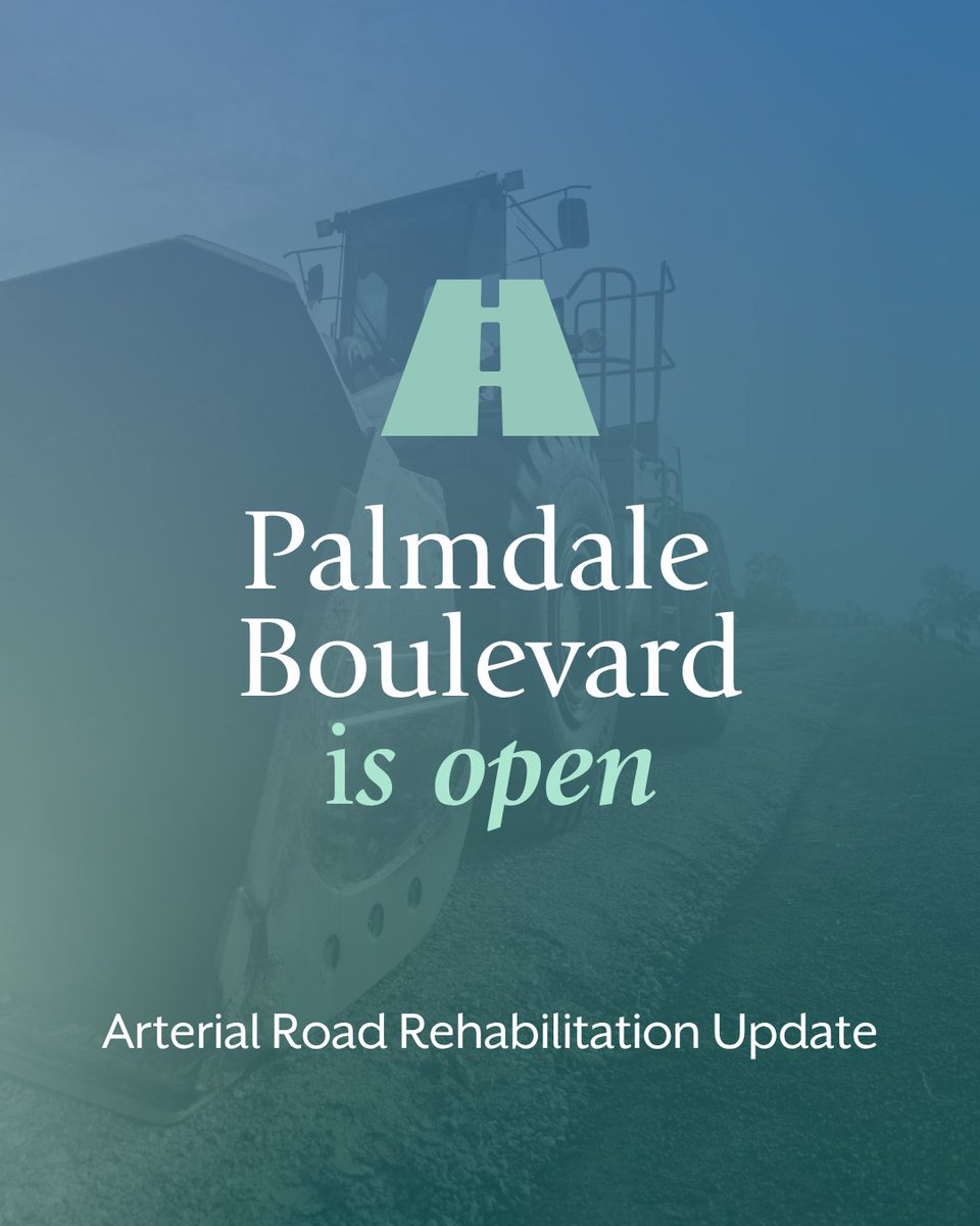 PalmdaleCity's tweet photo. 🚙 Great news — Palmdale Boulevard is open! 🚗

Palmdale Boulevard will be fully accessible by 7 p.m. today, Sept. 11. This marks an important milestone for our Arterial Road Rehabilitation project. 🎉

More information on this project is available at: https://t.co/mv0FVAscMP

Overnight permanent striping will begin Monday, Sept. 14, from 8 p.m. to 5 a.m. and take up to five days, with no road closures anticipated. 🌟