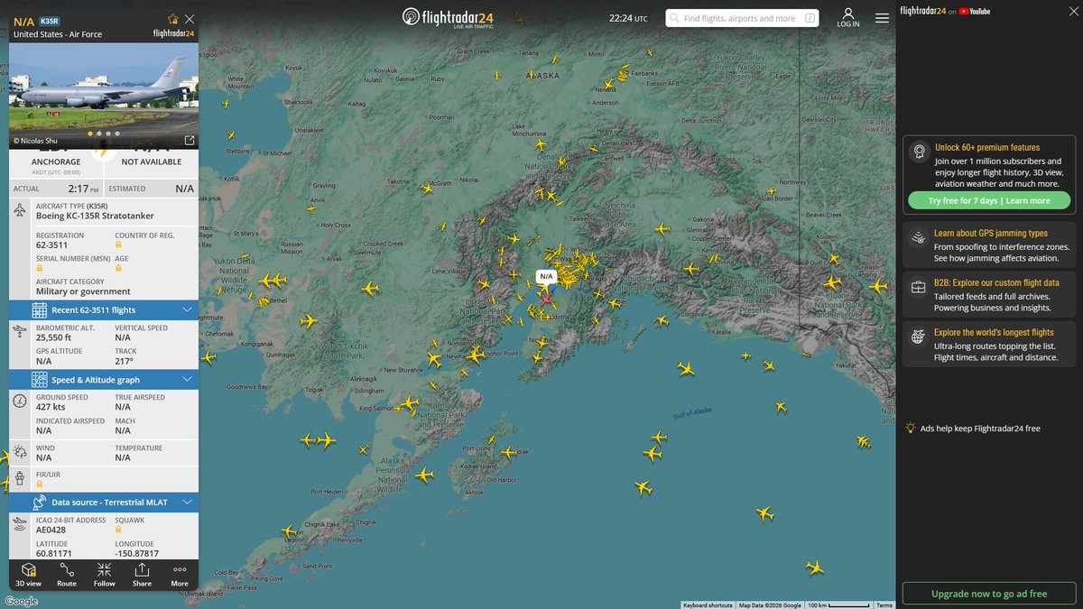 AIYeyENGDdJkjTr's tweet photo. Sept. 12, 2026
#Anchorage Elmendorf Air Force Base ==> #Offshore of Kamchatka Peninsula
#NoCALLSIGN #AE684A USN P-8A Poseidon
Refueling
#NoCALLSIGN #AE0428 USAF KC-135R Stratotanker https://t.co/SfLZEN45g9
