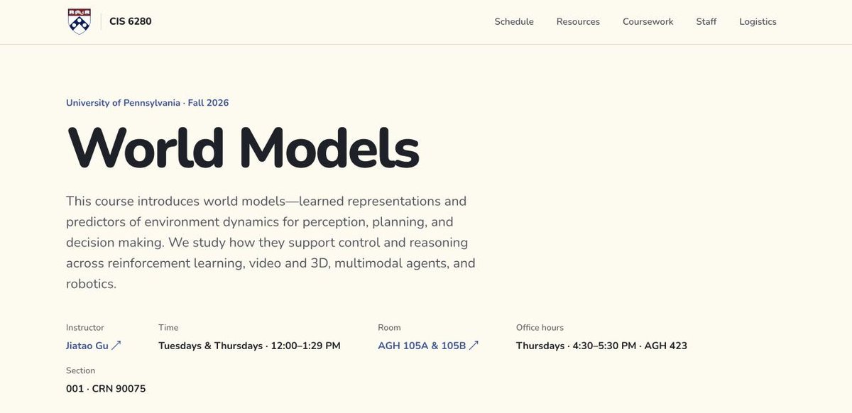 thoma_gu's tweet photo. We’re teaching a new course at Penn: CIS 6280 · World Models 🌍
https://t.co/3mCdWdOVsg

Every day, LLMs amaze me with one more thing they can solve. But I’ve always felt there’s more to learn than what humans have written down—from observing the world, interacting with it, and experiencing what happens next. To me, that’s what world models are about—and why I see them as one of AI’s next big bets.

However, I struggled to find a systematic course on them—so we are building one!

Topics will include: representation learning, generative models, simulation, model-based RL, video and 3D generation, world models for robotics, reasoning, and code-based world models.

Hands-on work will include:
- Building an environment
- Training a world model
- Learning a policy
and a final research project with leaderboard.

We’re already six lectures in. Slides, demos, and readings are public, and we’ll keep adding materials throughout the fall.

Big thanks to our TA team— @TongMutianTMT @hagsaeng_bag @EnxinSong @KeelyAi04 —for helping bring this course to life!