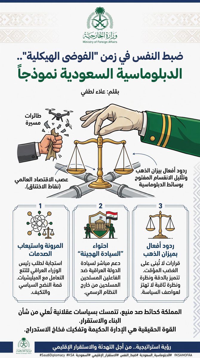 alaaloutfy_'s tweet photo. ضبط النفس في زمن "الفوضى الهيكلية".. الدبلوماسية السعودية نموذجا
علاء لطفي
وسط سياق إقليمي شديد التعقيد، تتجلى حكمة ورزانة الدبلوماسية السعودية بوضوح في البيان الصادر عن وزارة الخارجية السعودية، ردا على الاعتداءات المتكررة بطائرات مسيرة انطلقت من الأراضي العراقية واستهدفت خطوط الأنابيب في منطقتي الرياض والمدينة المنورة، والتي لا تستهدف الداخل السعودي فقط، بل هي محاولة خبيثة لضرب "نقاط الاختناق" (Chokepoints) وخطوط نقل الطاقة التي تتحكم في عصب الاقتصاد العالمي واستقراره.
ورغم امتلاك الرياض كامل الحق المشروع والمطلق لاتخاذ كافة الإجراءات لحماية سيادتها ومواطنيها ومنشآتها، كما أكد البيان، إلا أنها اختارت ممارسة أعلى درجات ضبط النفس. بكل ما يحمله من دلالات استراتيجية:

المرونة واستيعاب الصدمات: استجابة المملكة لطلب رئيس الوزراء العراقي بإتاحة الفرصة لحكومته للتعامل مع هذه الميليشيات، لا تعكس ضعفاً، بل تمثل قمة النضج السياسي والقدرة على التكيف واستيعاب الصدمات.

احتواء "السيادة الهجينة": تدرك الرياض جيداً أن المنطقة تعاني من حالة "فوضى هيكلية" تتآكل فيها سلطة الدولة التقليدية لصالح فاعلين مسلحين من خارج النظام الرسمي. وبالتالي فإن إعطاء الفرصة للحكومة العراقية هو دعم مباشر لسيادة الدولة ومحاولة جادة لاحتواء هذا التشظي.

ردود أفعال بميزان الذهب: يؤكد هذا الموقف أن قرارات المملكة      لا تُبنى على العاطفة أو الغضب المؤقت، بل تتميز بردود أفعال دقيقة ونظرة ثاقبة لا تهتز لعواصف السياسة المفتعلة.
في الوقت الذي تسعى فيه قوى التأزيم إلى إشعال الحرائق وممارسة التضليل والابتزاز، تقف المملكة كحائط صد منيع، متمسكة بأدوارها السياسية والإنسانية الرامية إلى التهدئة وتغليب لغة الجوار وحماية استقرار شعوب المنطقة.

إن القوة الحقيقية في عصر الأزمات المتلاحقة لا تُقاس فقط بالقدرة على توجيه الضربات العسكرية، بل بالقدرة الفائقة على الإدارة الحكيمة للصراع، وتفكيك فخاخ الاستدراج، والتمسك بسياسات عقلانية تُعلي من شأن البناء والاستقرار، بعيداً عن زيف الشعارات التي صدعت رؤوسنا عقوداً دون طائل.