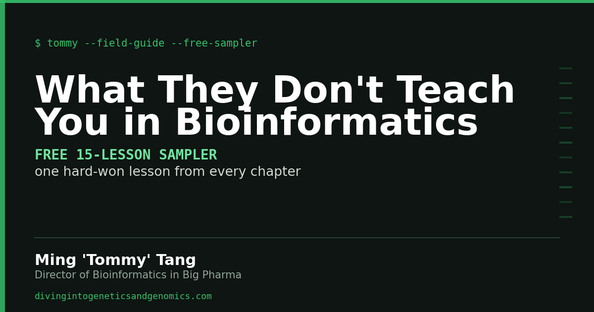 tangming2005's tweet photo. For 3 years I posted daily on the bioinformatics few teach you — the judgment, the traps, the sanity checks.

I compiled the best of 1,000+ posts into a book: 290 lessons, out this November.

Free 15-lesson sampler + founding access 👉 https://t.co/uSuyEzudZL https://t.co/LHpP1LUYdC