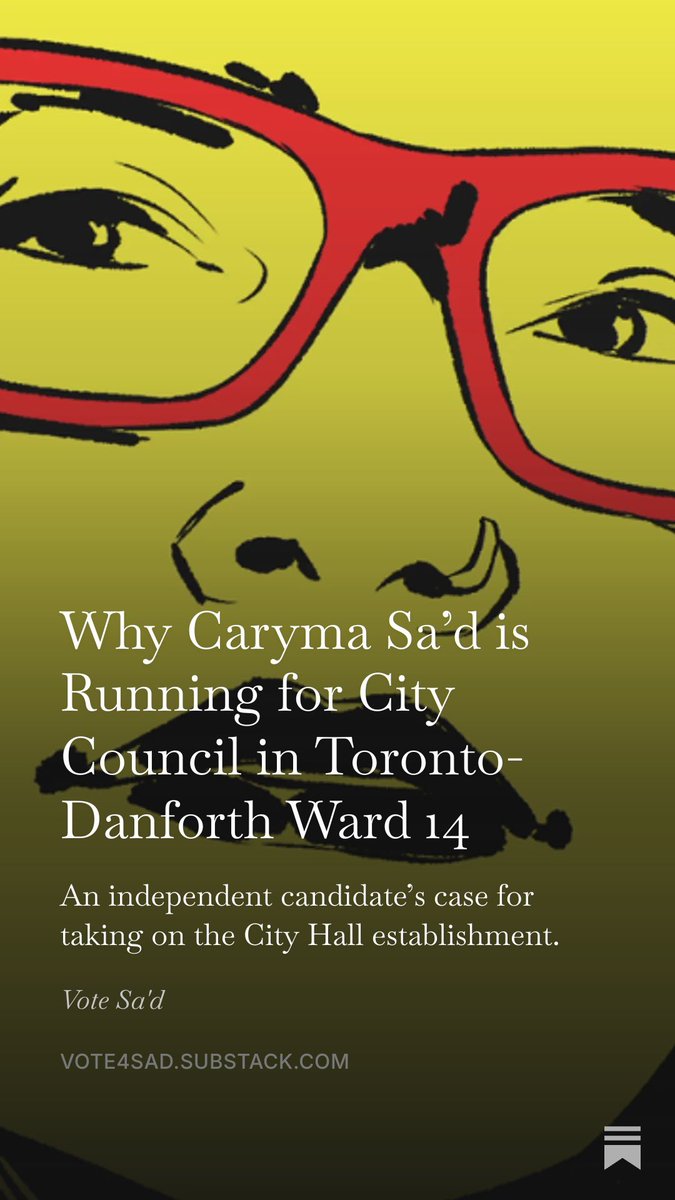 Vote4Sad's tweet photo. When people ask why I’m running, I reply truthfully: to improve the city.

Though concise, that answer is incomplete.

In a crowded field of eighteen contenders, allow me to explain why I decided to throw my hat in the ring, and why my candidacy is worth supporting.

#Toronto #VoteSad

READ MORE:
https://t.co/5weSab4WLR

DONATE:
https://t.co/V7pPtziT63
