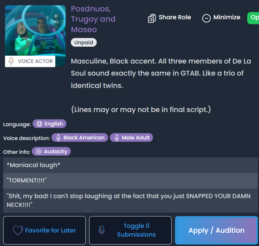 IcyLapis's tweet photo. looking for people to play the de la soul trio and bootie brown in gorillaz: the abridged band!

non-paid, non-professional project. if you are interested, check the ccc link below to read the project overview! #vatwt #voiceactor https://t.co/YxWdlnPaYK