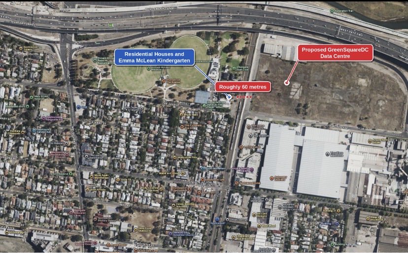 NoDCInSpotty's tweet photo. @mezattack @ACarbinesMP @SonyaKilkenny Look how close this proposed data centre will be to the kindergarten, houses and the footy ground. This data centre cannot going ahead. !! https://t.co/ZHWf6Fmyam