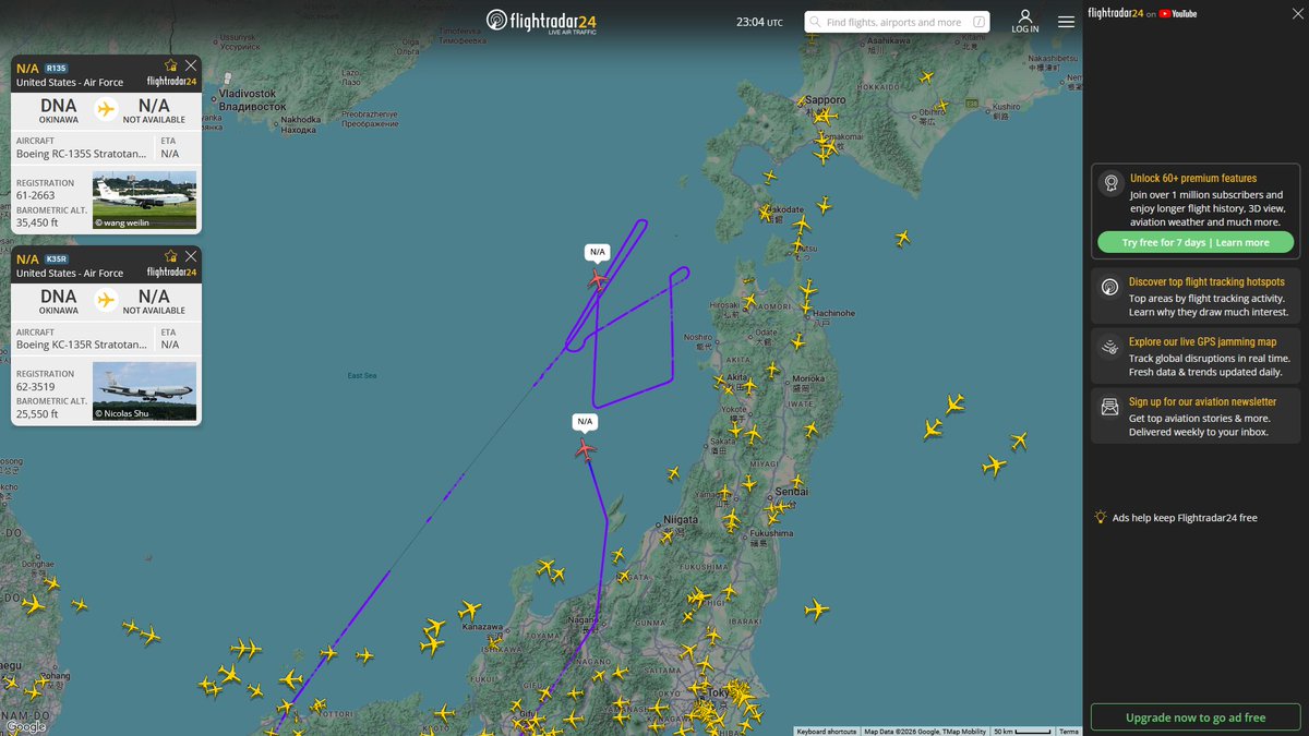 AIYeyENGDdJkjTr's tweet photo. Sept. 12, 2026
#Okinawa Kadena Air Base ==> #Sea of Japan
#NoCALLSIGN #AE01D6 USAF RC-135S Cobra Ball
Refueling
#Okinawa Kadena Air Base-909th Air Refueling Wing
#NoCALLSIGN #AE07B6 USAF KC-135R Stratotanker https://t.co/tXP5bhBdQZ