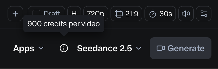 The shared Runway settings show Seedance 2.5, 720p, 30 seconds, and 900 credits per video.