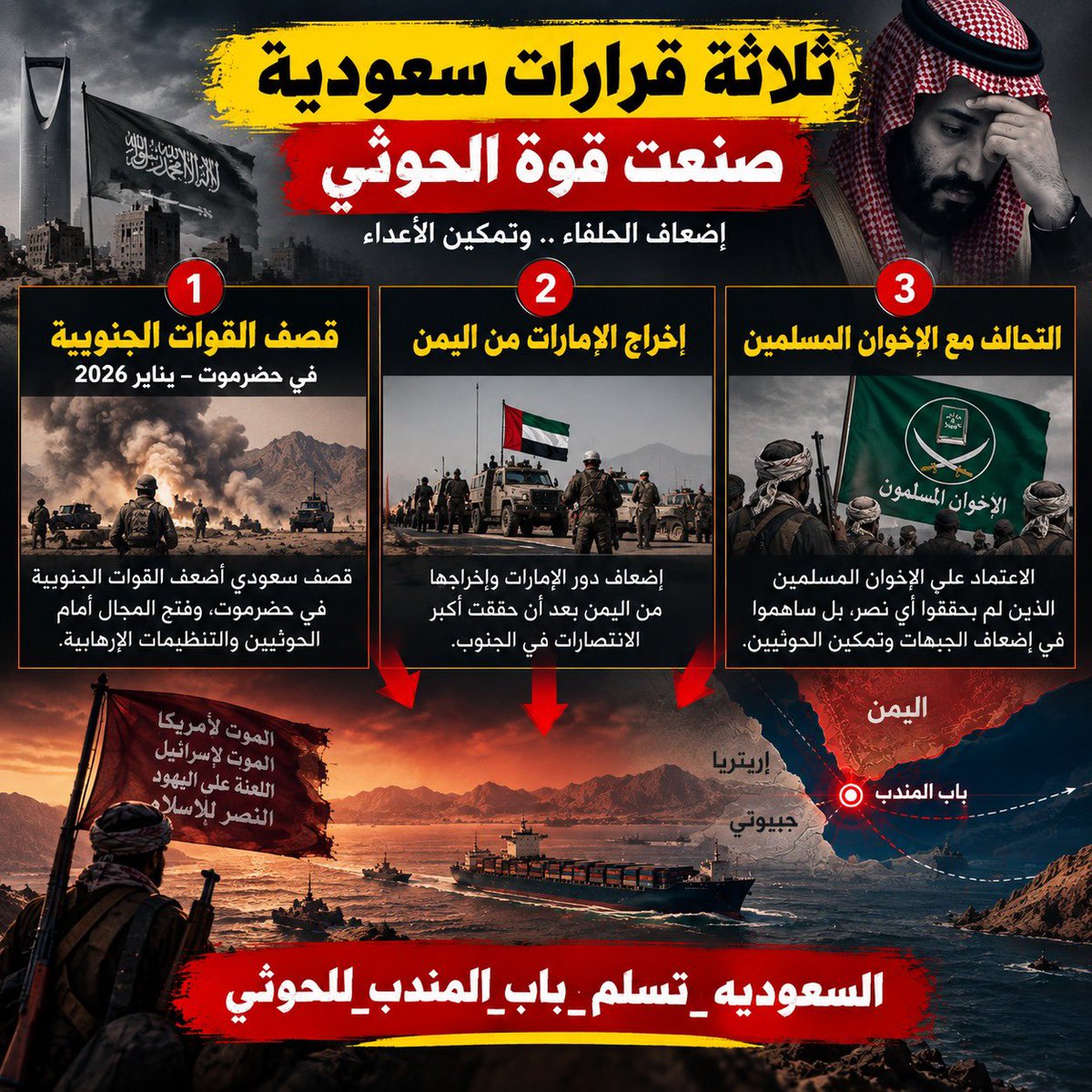 Delalkahtani's tweet photo. السعودية حاولت إدارة اليمن من خلال دعم الحكومة، واحتواء الجنوب، والتفاوض مع الحوثي. لكن تعدد المسارات لا يصبح استراتيجية بمجرد وجودها؛ الاستراتيجية هي أن تتجه جميعها إلى نتيجة واحدة. والواقع الحالي يقول إن المسارات لا يجمعها شيء
#السعوديه_تسلم_باب_المندب_للحوثي
 #اليمن
#السعوديه https://t.co/VZH8yX0N1K