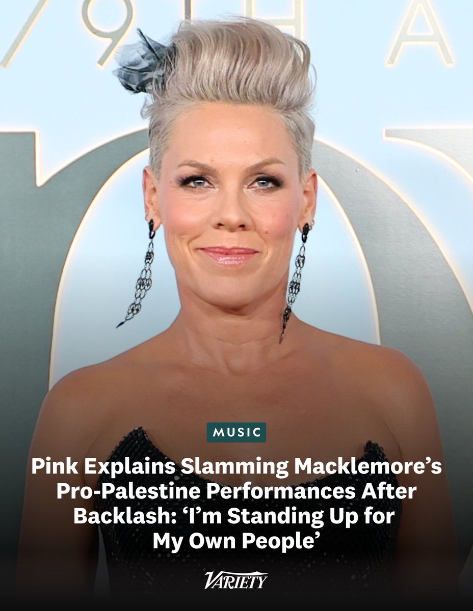 Variety's tweet photo. Pink has responded to backlash after resharing an Instagram post criticizing Macklemore’s pro-Palestine performance at Ed Sheeran’s concert:

"I was born a Jew. I didn’t pick it, and I’ve never hidden it... Of course I don’t speak for Israel, or for any government. I never have. What I said in October 2023 is still exactly what I believe: Hamas is a terrorist organization. Palestinians deserve a future that honors their humanity and their aspirations. Protecting innocent life comes first, everywhere, and nobody should ever celebrate the death of a child. Anybody’s child."

"Here’s what I was reacting to. I was in the room at the Grammys in 2014 when Macklemore rapped 'Same Love' and thirty-three couples, gay and straight, got married to it, and I cheered, no questions asked. Four months later Macklemore put on a hooked nose, a black beard and a bowl cut, performed in it, and called it a 'random costume.' Every Jew I know knew exactly what it was."

"Then last weekend he stood in front of a stadium full of music-loving families, with violent images from a war on the screens, dedicated a song to the movement of his choice, and then took the mic to tell all of the Jews in the stadium that it wasn’t about them. You don’t get to decide that for us."

https://t.co/4vbHFUy7U3