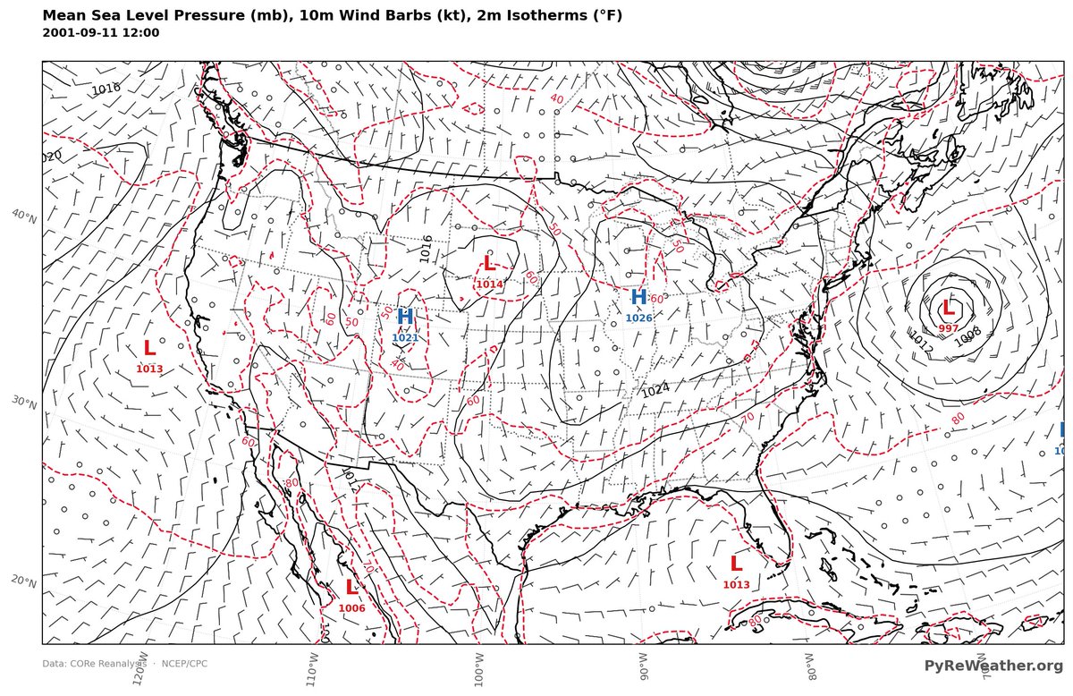 MichaelDooleyWx's tweet photo. This is the surface analysis map of Sept. 11, 2001. #Hurricane Erin was in the open waters of the Atlantic Ocean, causing no impact to the United States. The temperature in #NYC was around 72°F and had high pressure to the west producing pristine weather. (1/5)
#neverforget https://t.co/aUfyPZZna2