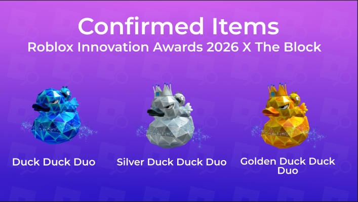 RBXEventHunters's tweet photo. The Roblox Innovation Awards prizes announced by Roblox were oficially uploaded to the Marketplace! 

You will be able to earn these items for FREE during the Awards Show Live Stream inside The Block.

Each item seems to have two different variants (Silver & Golden) which can be obtained by certain amount of players and these are also themed with some Roblox Nominated Games. 🎩

These games are Rivals, Dueling Grounds, Terminal and Duck Duck.