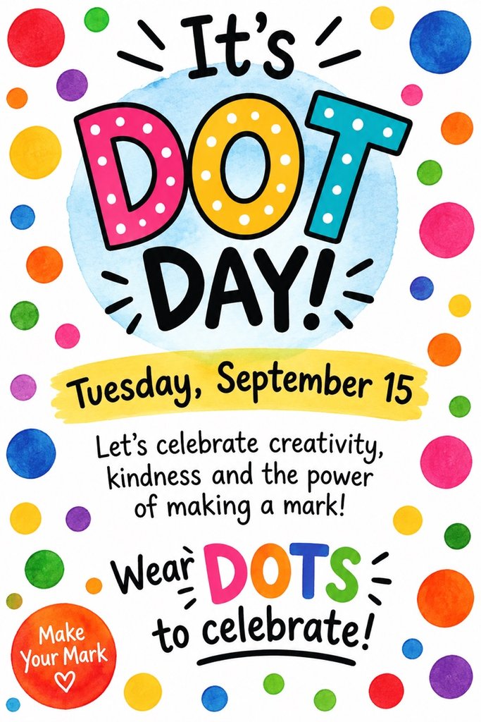 HumbleISD_OFE's tweet photo. ๐ด๐ก๐ข Itโs DOT DAY! ๐ต๐ฃ๐
Falcons, letโs make our mark! Join us on Tuesday, September 15 as we celebrate creativity, kindness, and the power of making a difference.
Wear your favorite dots and let your creativity shine!
#DotDay #MakeYourMark #FalconFamily https://t.co/fJGhea7BGJ