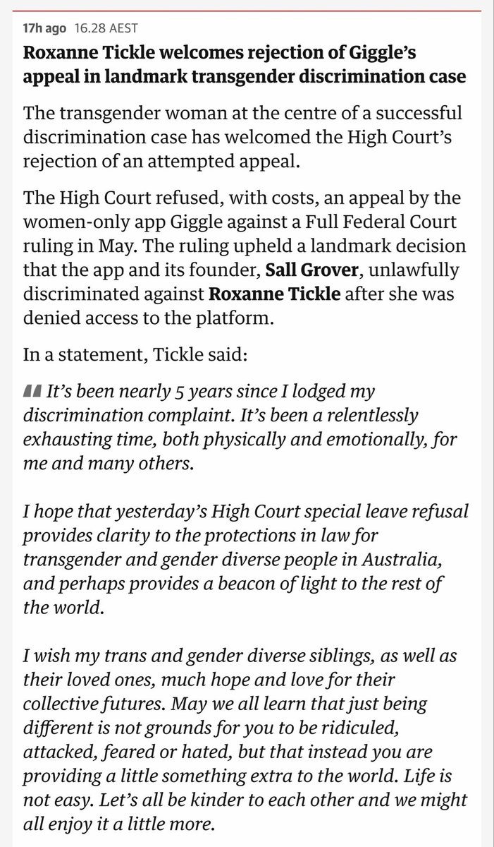 TheRoxyEpoch's tweet photo. “I hope that yesterday's High Court special leave refusal provides clarity to the protections in law for transgender and gender diverse people in Australia, and perhaps provides a beacon of light to the rest of the world.” https://t.co/TbOTUeS5bO