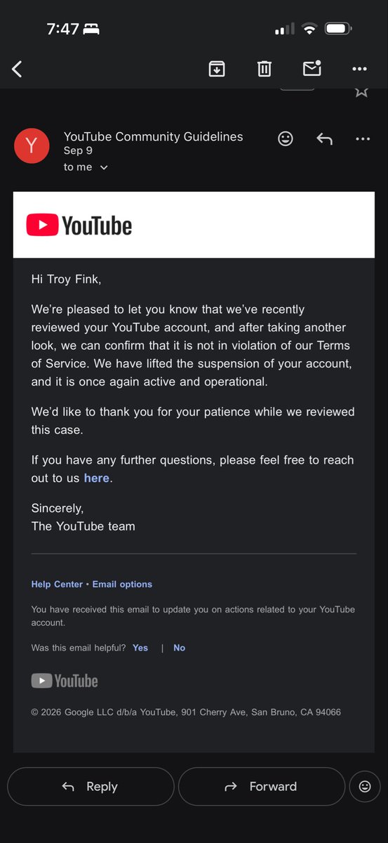 fourwindsca's tweet photo. Grateful for @TeamYouTube doing the right thing. Our “Circumvention Violation “ was compelling bogus. Appeal denied immediately. Corresponding was challenging and unsuccessful, but ultimately they cleaned it up which I’m grateful for. https://t.co/bpR4OUWUtK