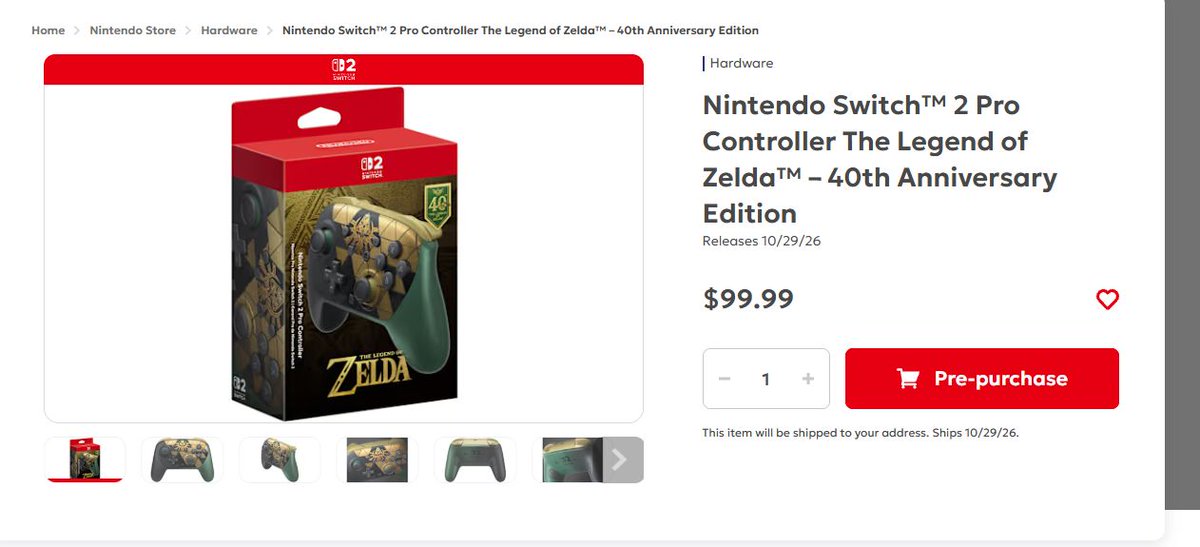 Wario64's tweet photo. Nintendo Switch™ 2 Pro Controller The Legend of Zelda™ – 40th Anniversary Edition at Nintendo Store ($99.99) https://t.co/BHJJDpy3sJ 

Console up too https://t.co/kXHIIwCfpQ https://t.co/WVWzvuokpz