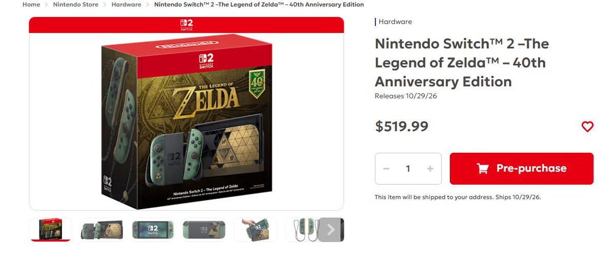 Wario64's tweet photo. Nintendo Switch™ 2 Pro Controller The Legend of Zelda™ – 40th Anniversary Edition at Nintendo Store ($99.99) https://t.co/BHJJDpy3sJ 

Console up too https://t.co/kXHIIwCfpQ https://t.co/WVWzvuokpz