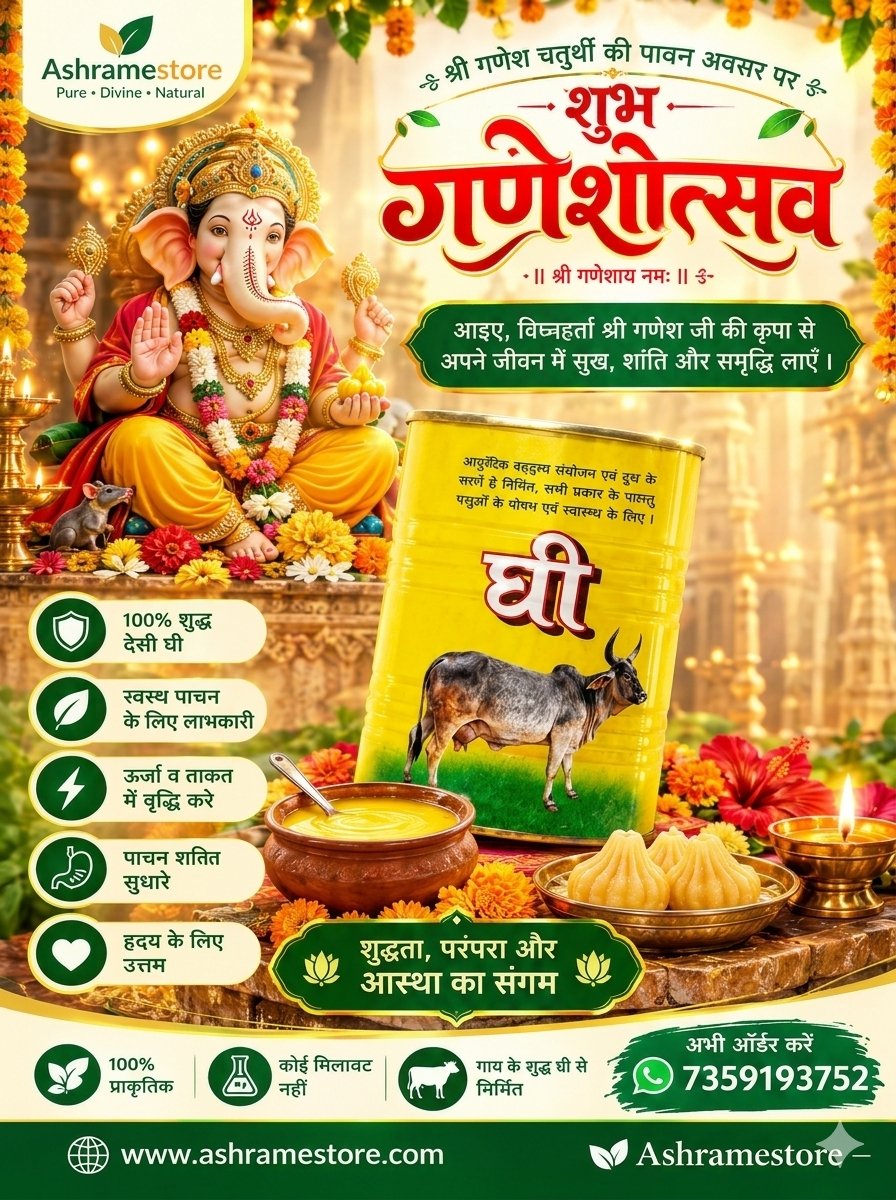AshramEstore's tweet photo. Make Bappa’s holy modaks &amp; prasad with 100% Pure Desi Cow Ghee! 🪔🌸
A blend of purity, tradition &amp; wellness. Boosts energy and supports healthy digestion.
🛒 Order now: https://t.co/TmaIe7c2hD
📲 WhatsApp: 7359193752
#GaneshChaturthi #Ganeshotsav #PureDesiGhee #AshramEStore https://t.co/Gf8xJ6Pu7D