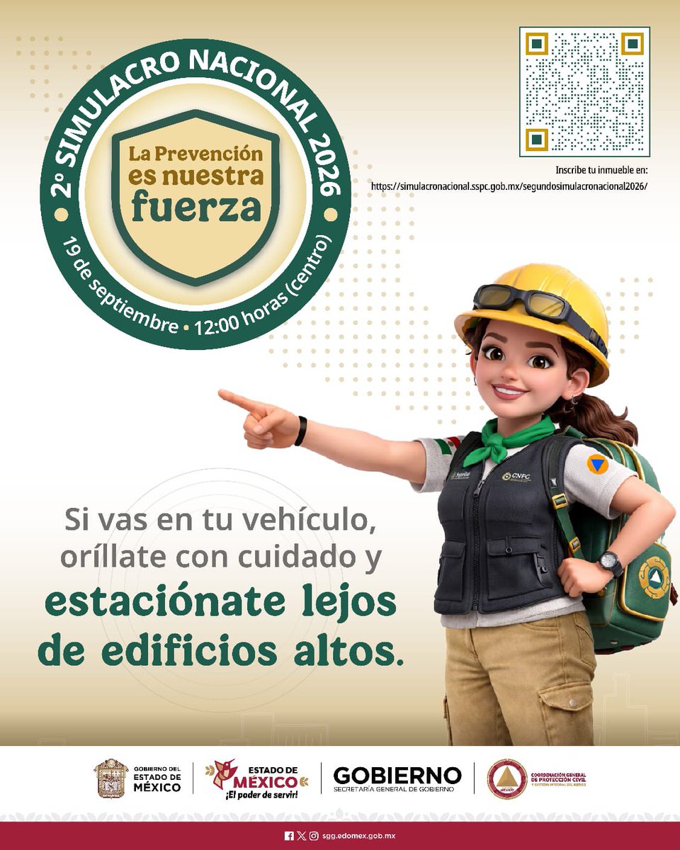 DIFEM_'s tweet photo. En el #EdoMéx nos sumamos a la cultura de la prevención.  Si este 19 de septiembre te encuentras manejando al sonar las alarmas del #SegundoSimulacroNacional2026 también puedes participar.  Atiende las indicaciones de brigadistas y autoridades. #ElPoderDeServir https://t.co/6L88ri9o3V