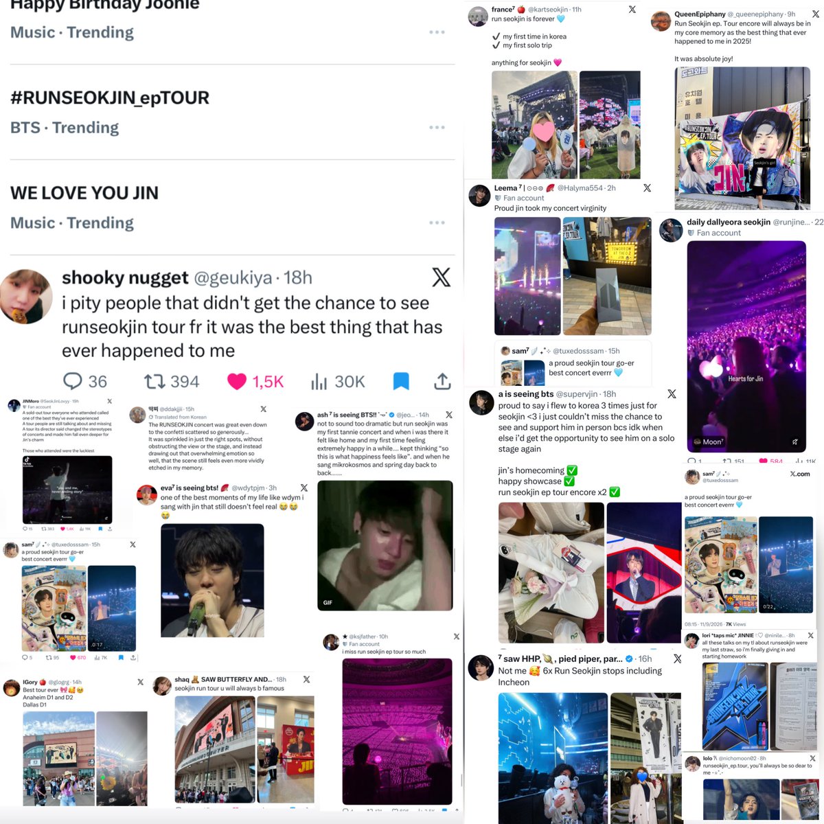 JINSRECORD's tweet photo. #RUNSEOKJIN_epTOUR is trending on X, fans sharing how wonderful their concert experiences were and how much they still miss Jin’s tour, 12 months after it ended. Thank you @foreverwithv95 I guess ! https://t.co/rTbKzQq31p